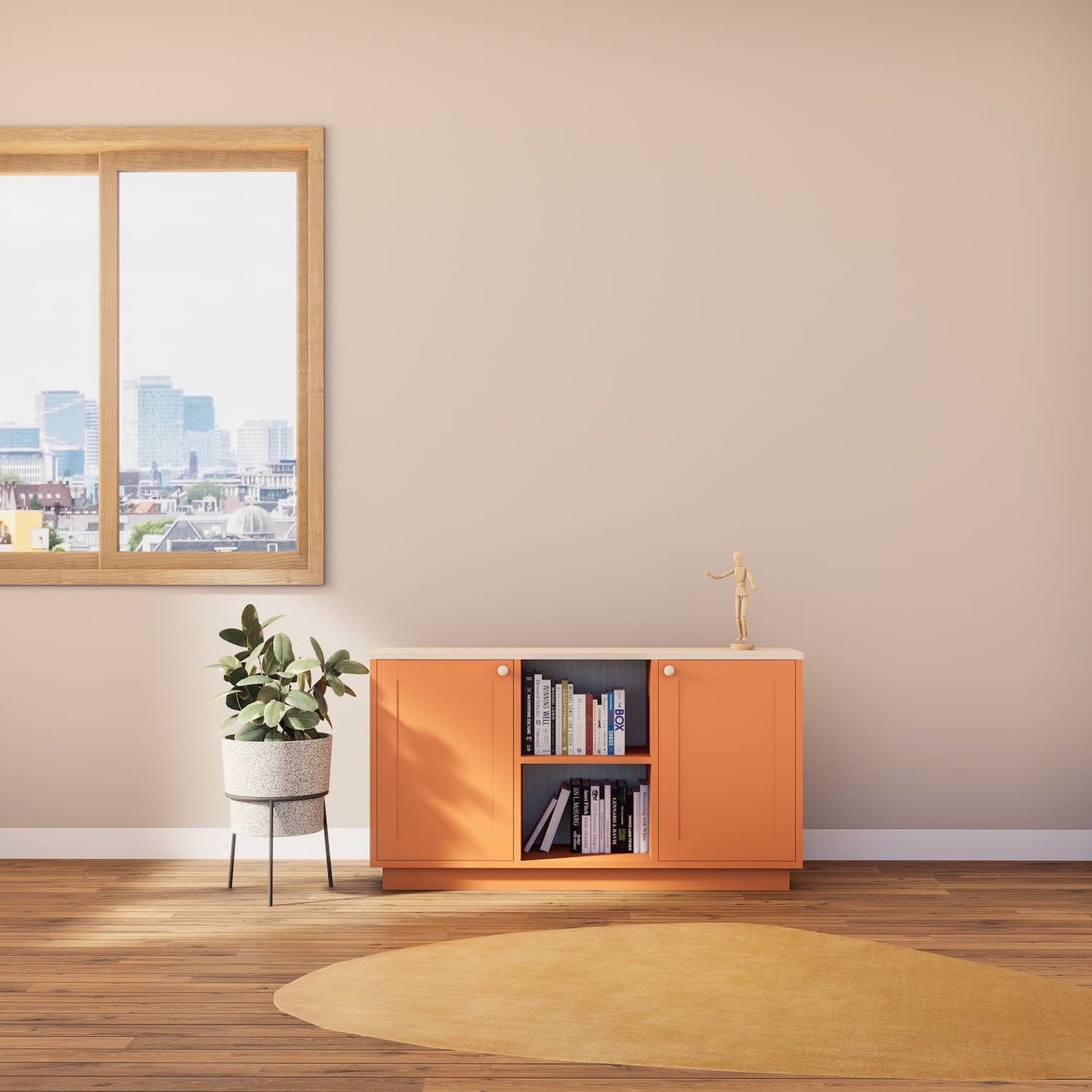 Mittelgroßes Sideboard aus Holz | Lundia Basics in Feuerorange mit vanillefarbener Platte in einem hellen, ruhigen Wohnambiente
