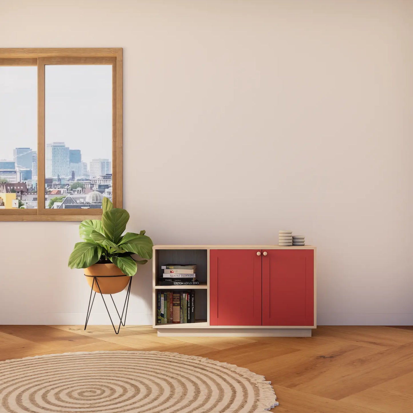 Mittelgroßes Sideboard aus Holz | Lundia Basics mit klar lackiertem Rahmen und kirschroter Front in einem hellen, minimalistischen Raum