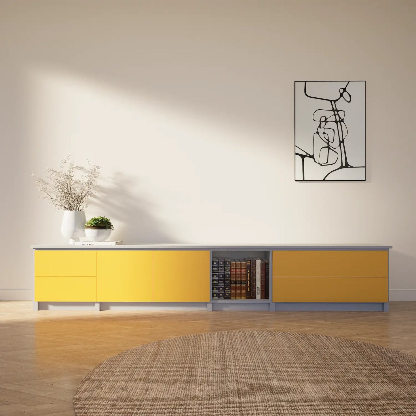 TV kast met laden en deuren | Lundia Original | Betongrijs & saffraangeel hout