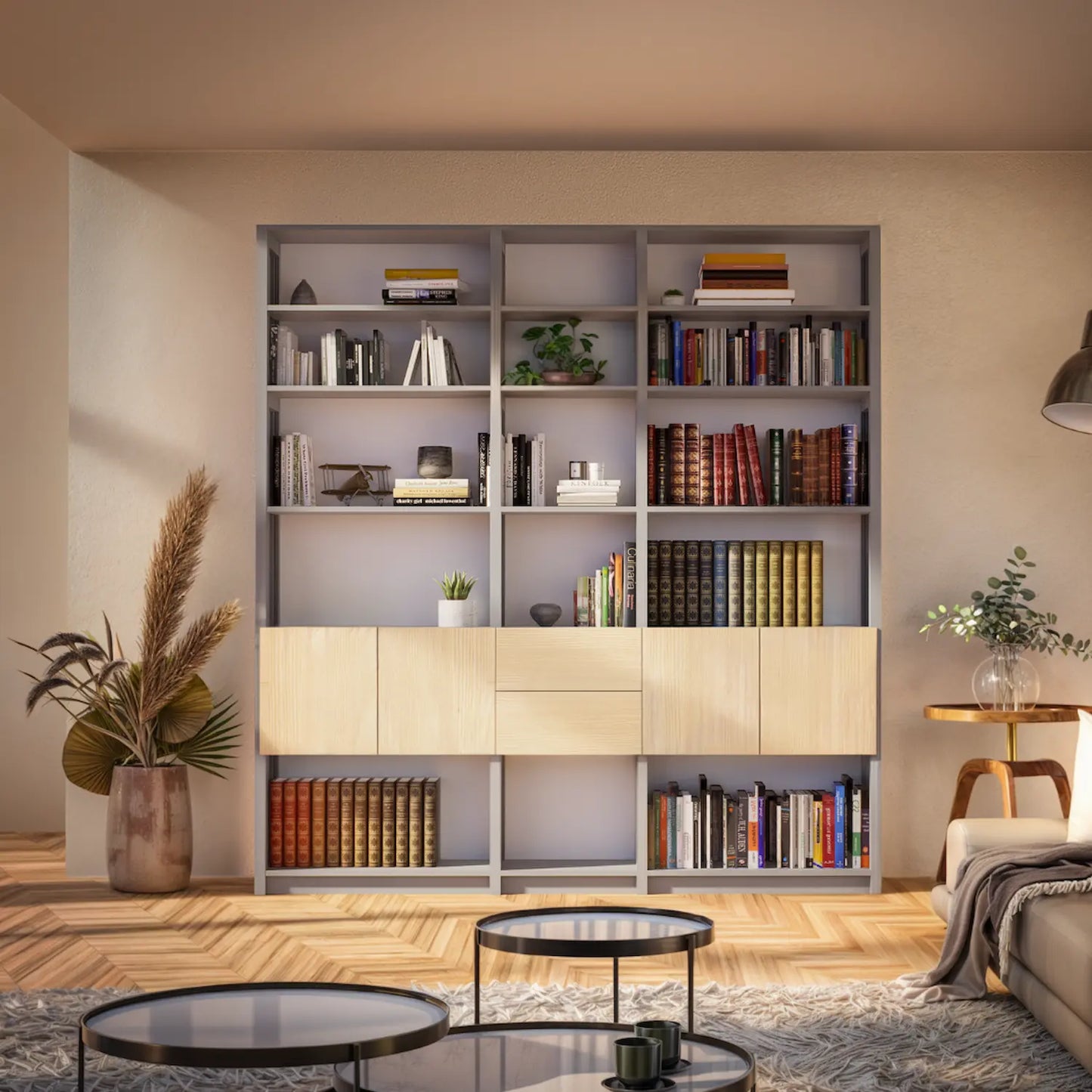 Boekenwandkast met deuren en laden | Lundia Original | Nevelgrijs, wit, blank gelakt hout