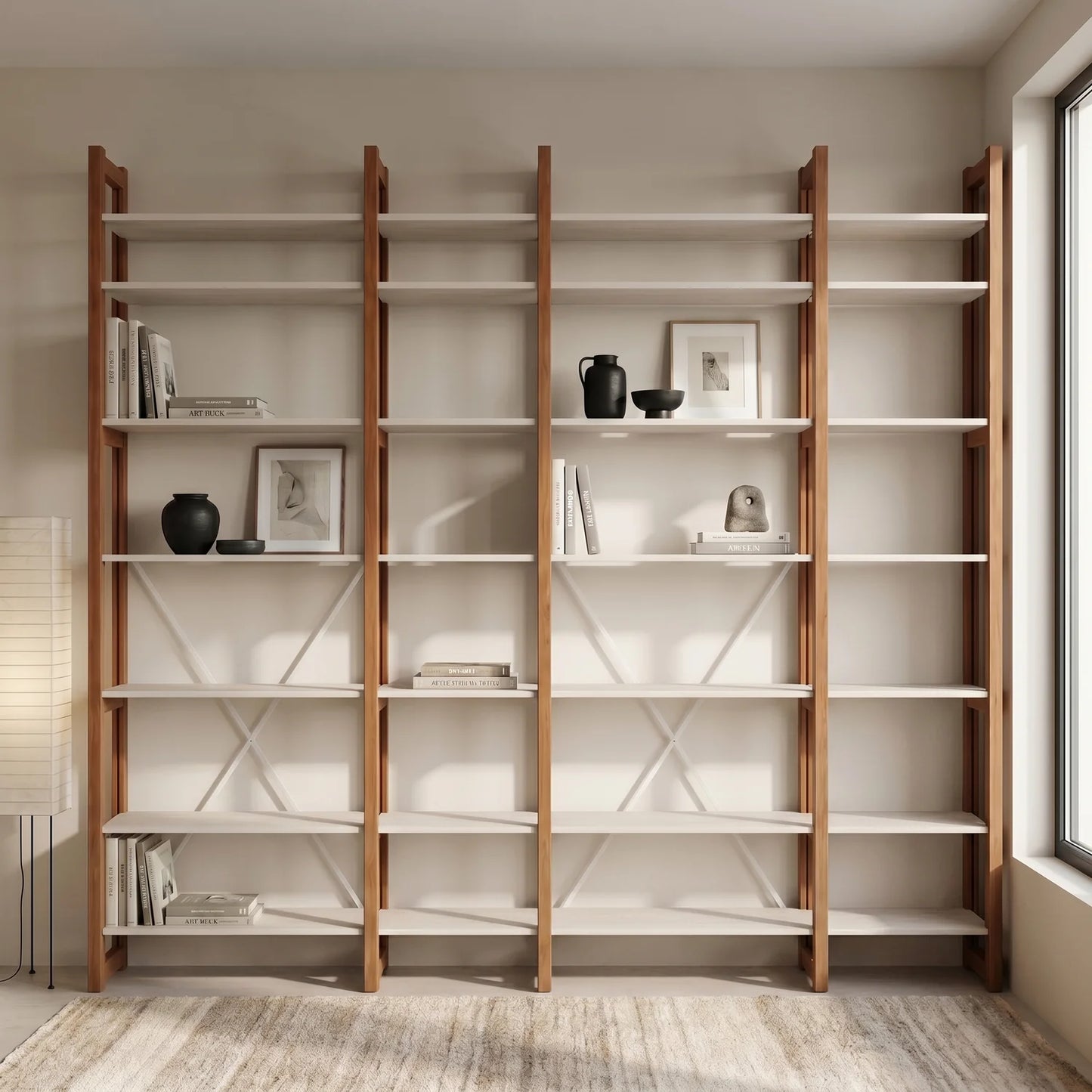 Moderne houten boekenkast | Lundia Original | Arrosto & Wit hout, sfeerbeeld vooraanzicht