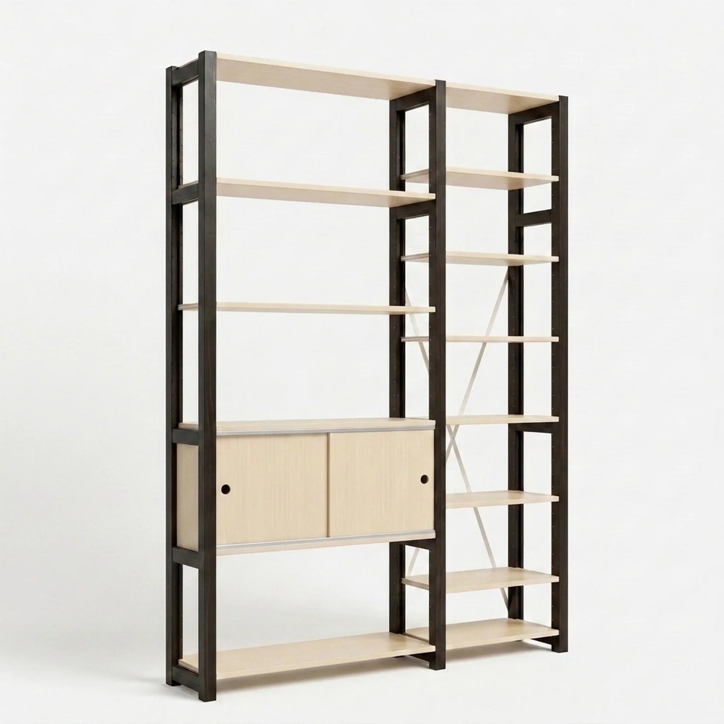 Moderner Bücherschrank mit Schiebetüren | Lundia Original | Klar lackiertes und schwarzes Holz, perspectief