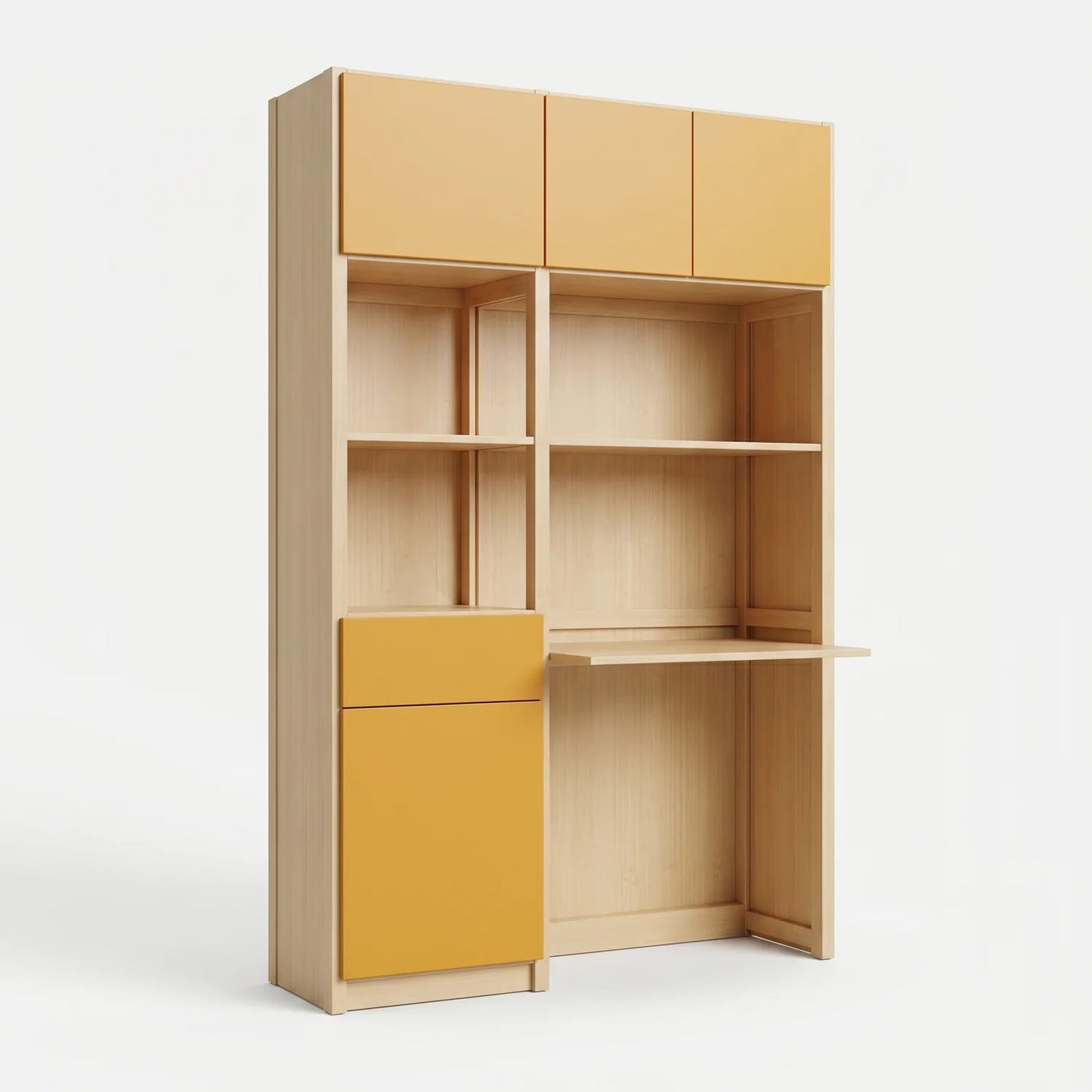 Schreibtischschrank mit Schreibtisch und Schublade | Lundia Original | Farblos lackiert & Safrangelb, perspectief
