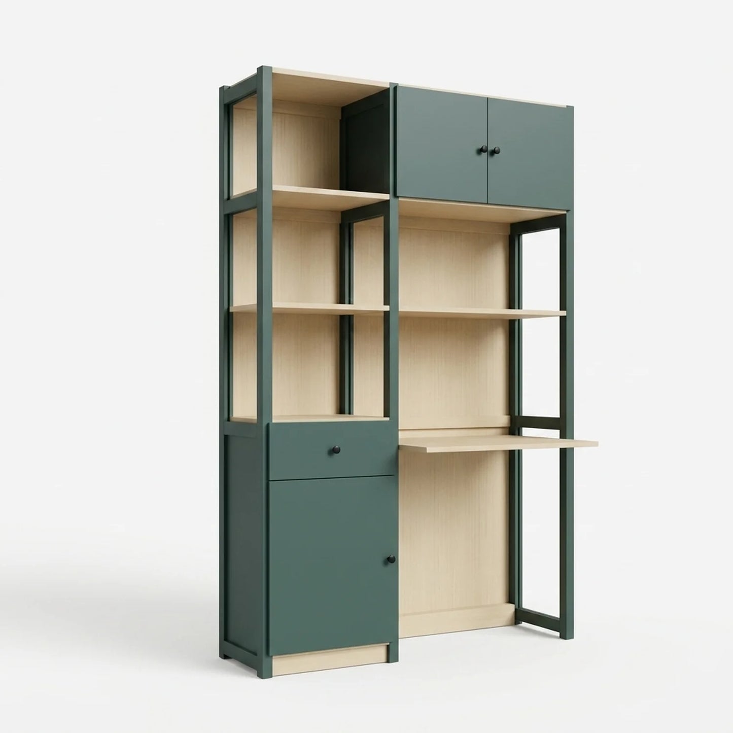 Büroschrank mit Schubladen und Türen | Lundia Original | Tannengrün & klar lackiertes Holz, perspectief