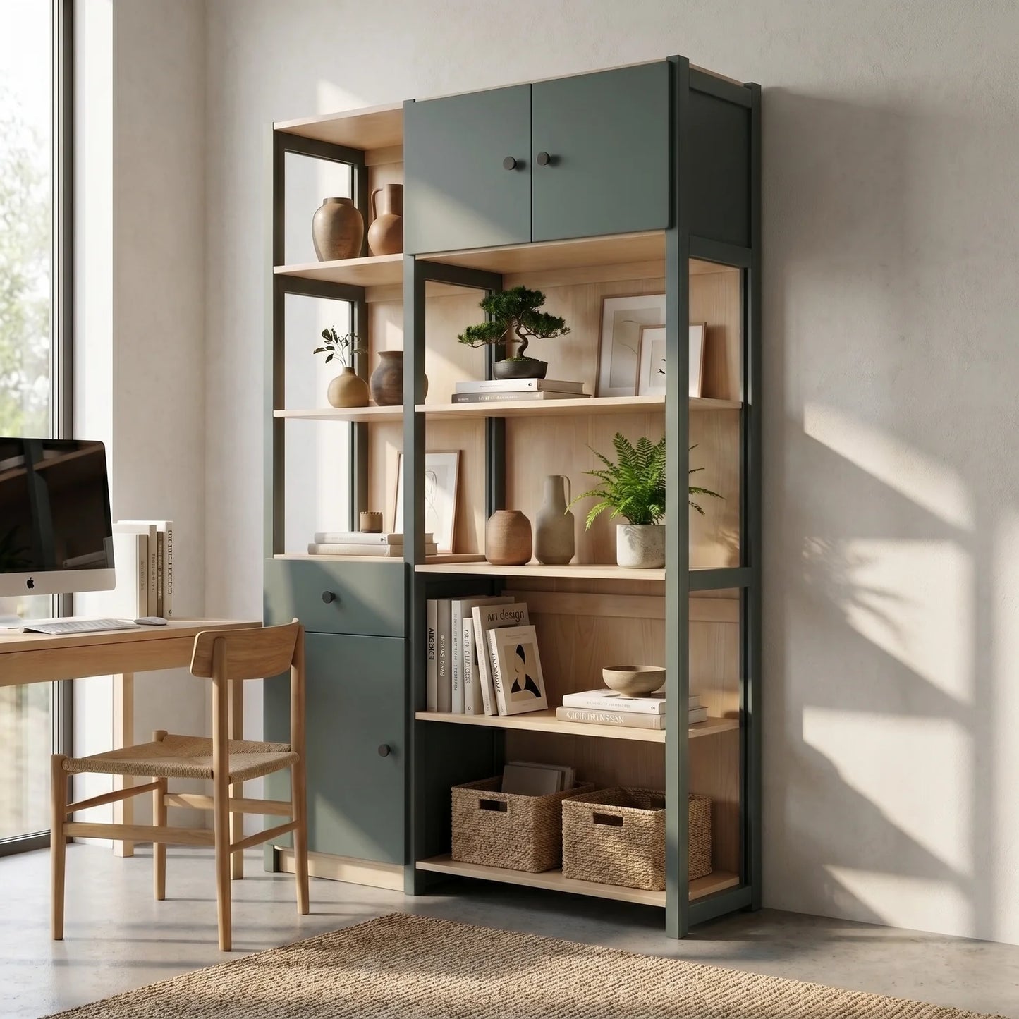 Büroschrank mit Schubladen und Türen | Lundia Original | Tannengrün & klar lackiertes Holz, sfeerbeeld vooraanzicht