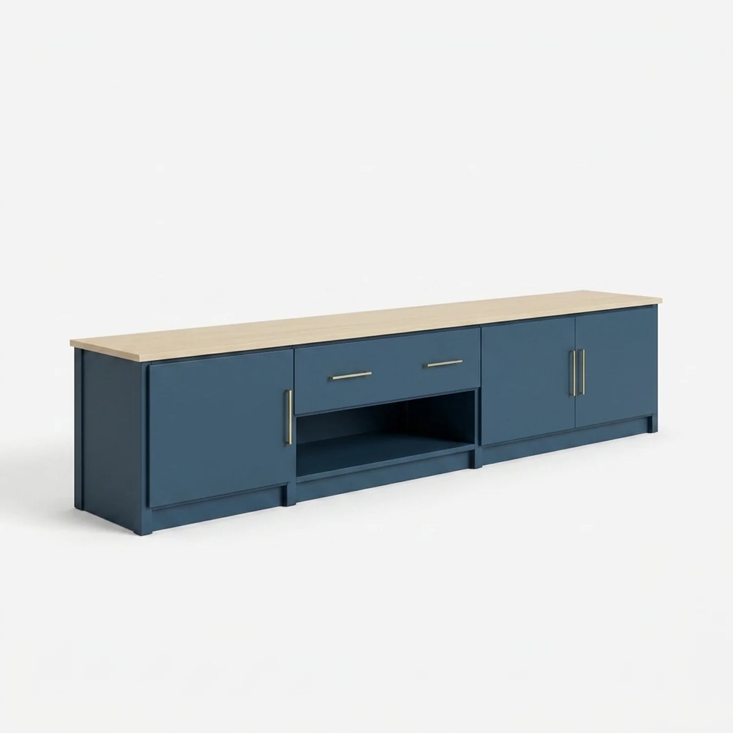 TV-Schrank mit Schubladen und Türen | Lundia Original | Haagsblaues und klar lackiertes Holz, perspectief