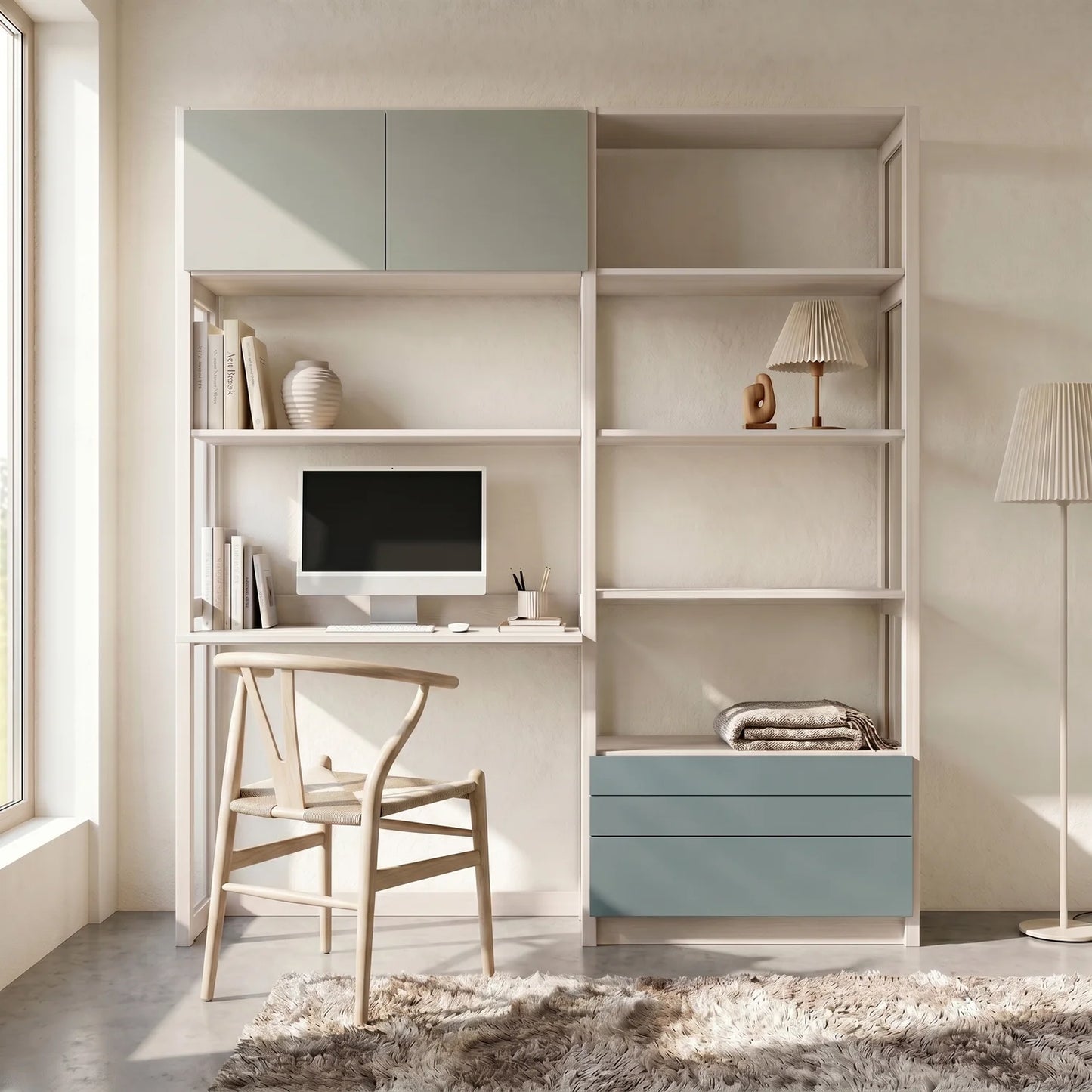 Schreibtischschrank | Lundia Original | Latte, Sumpfgrün & Nebelgrau, sfeerbeeld vooraanzicht