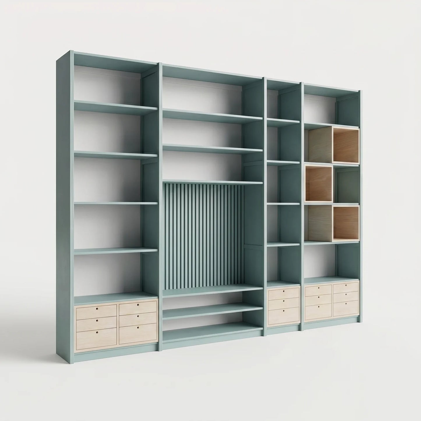 TV wandkast met inzetboxen en lattenwanden | Groot | Nevelgrijs hout, perspectief