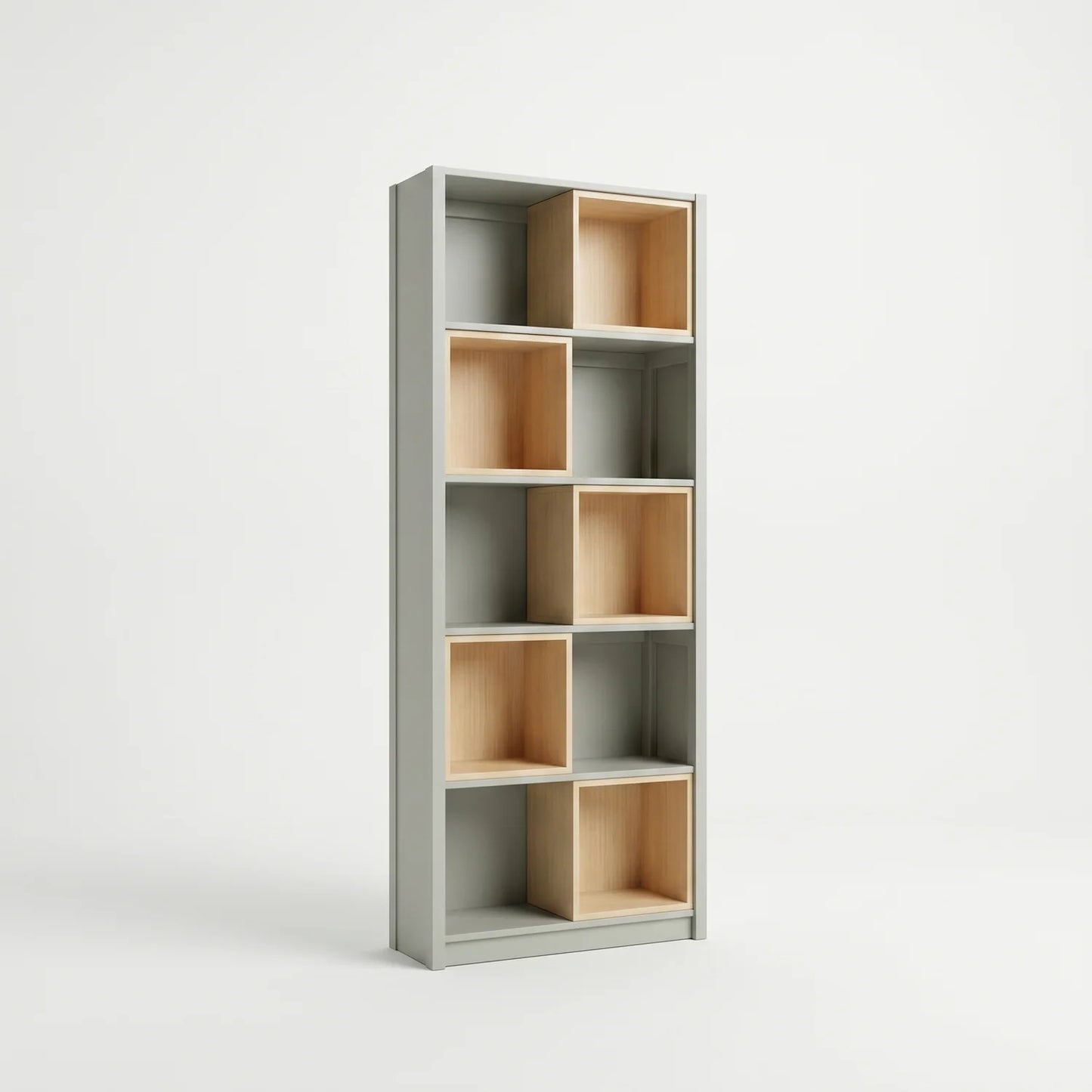 Bücherregal mit Einsatzboxen | Lundia Original | Nebelgrau & Klar lackiertes Holz, perspectief