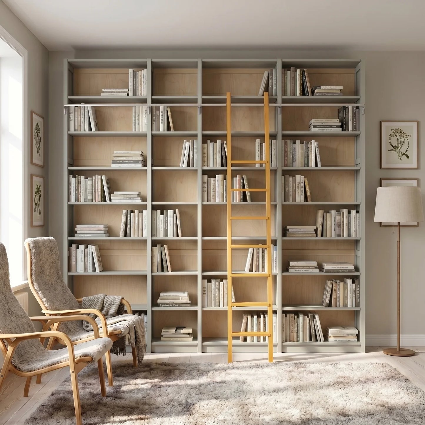 Skandinavisches Bücherregal mit Leiter | Lundia Original | Nebelgrau & Safrangelb, sfeerbeeld perspectief