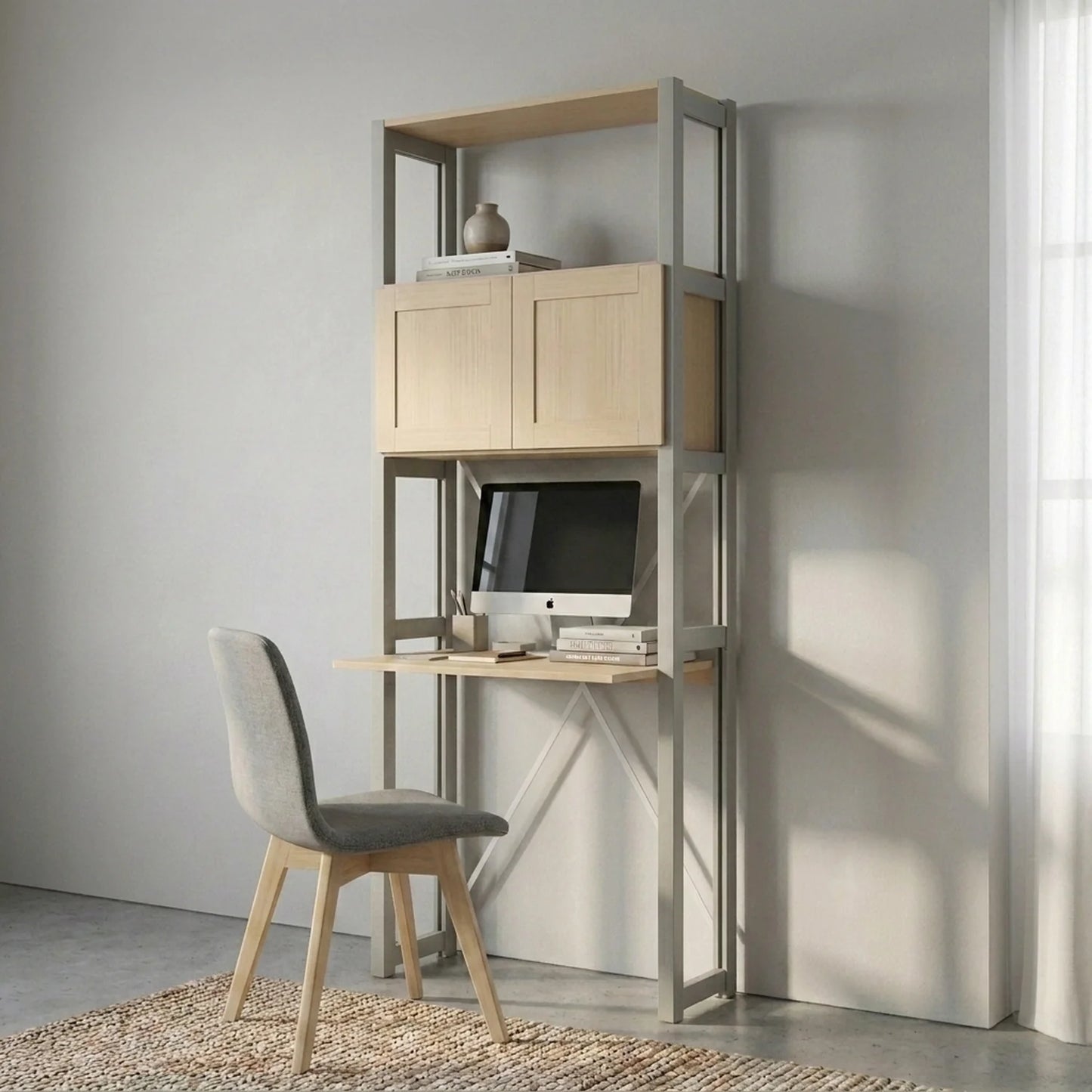 Kompakter Büroschrank mit Türen | Lundia Original | Nebelgrau & Klar lackiertes Holz, sfeerbeeld perspectief