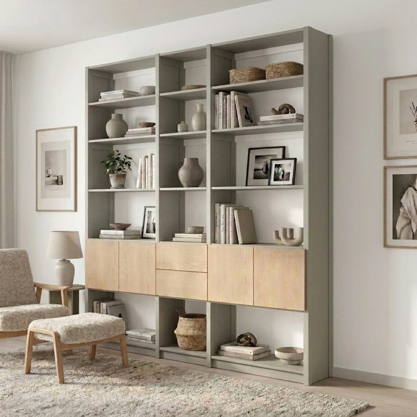 Bücherwandschrank mit Türen und Schubladen | Lundia Original | Nebelgrau, Weiß, Klar lackiert, sfeerbeeld perspectief