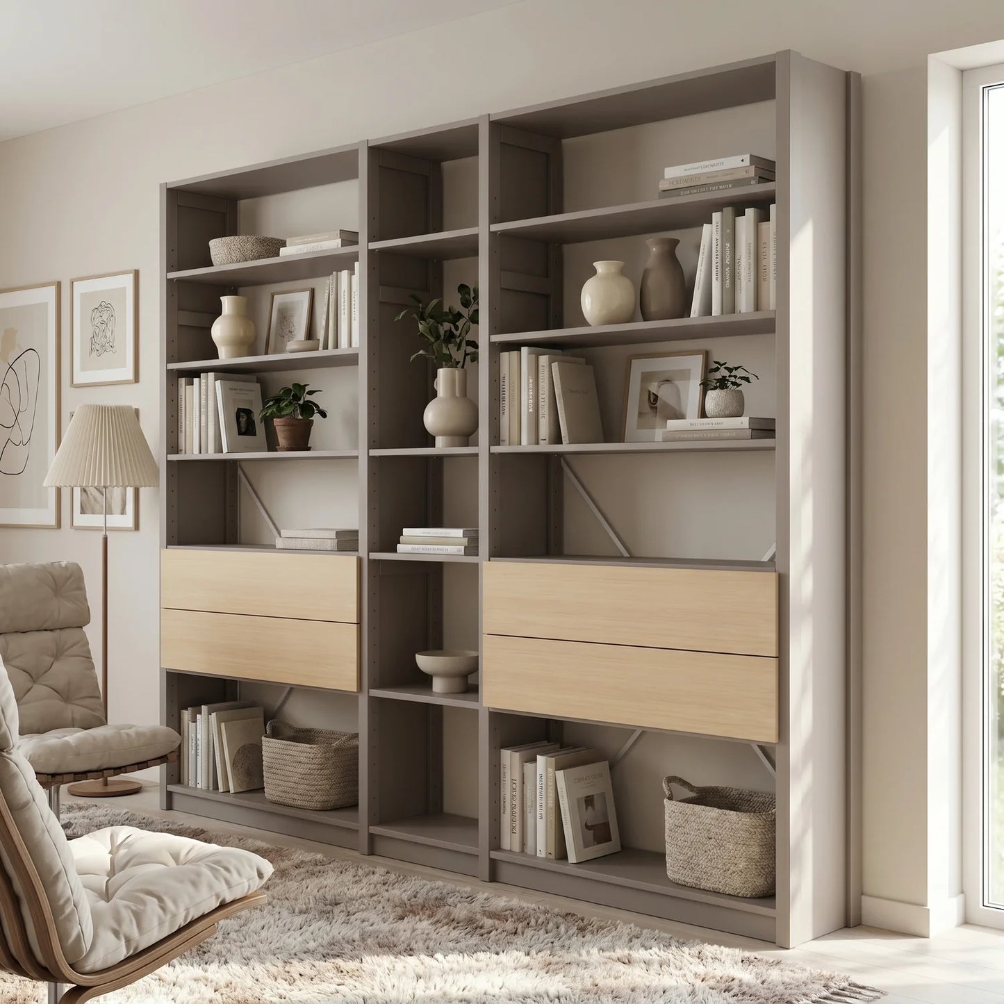 Offenes Bücherregal mit Schubladen | Lundia Original | Steingrau & farblos lackiert, sfeerbeeld perspectief