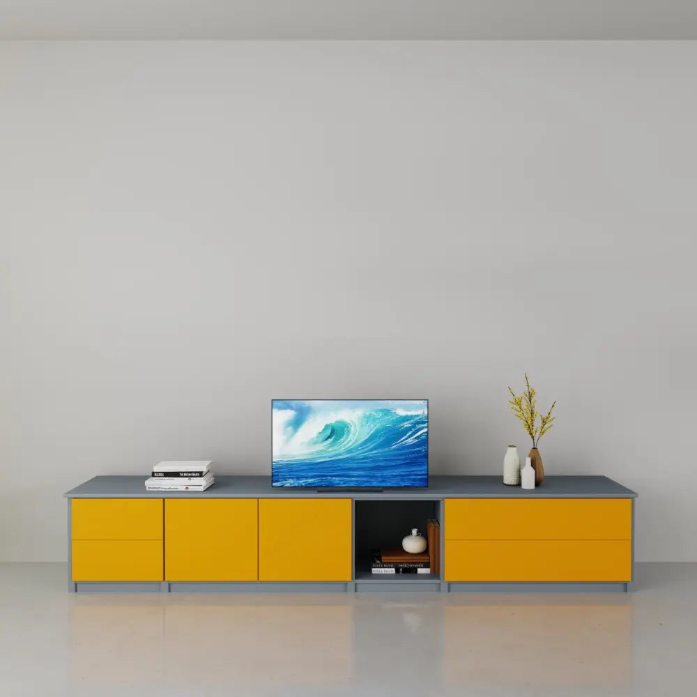 TV kast met laden en deuren | Lundia Original | Betongrijs & saffraangeel hout