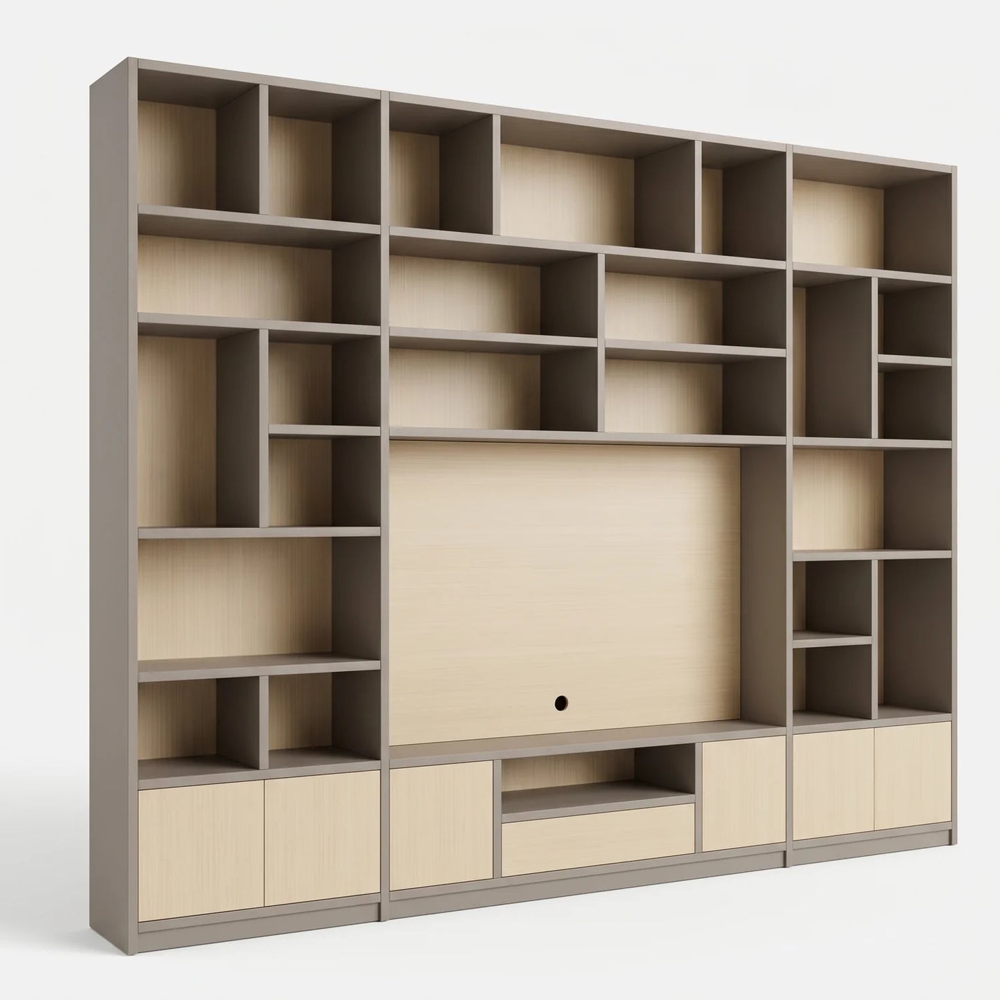 Skandinavische Lundia Libre TV-Wandschrank in Steingrau und Klar lackiert, perspectief