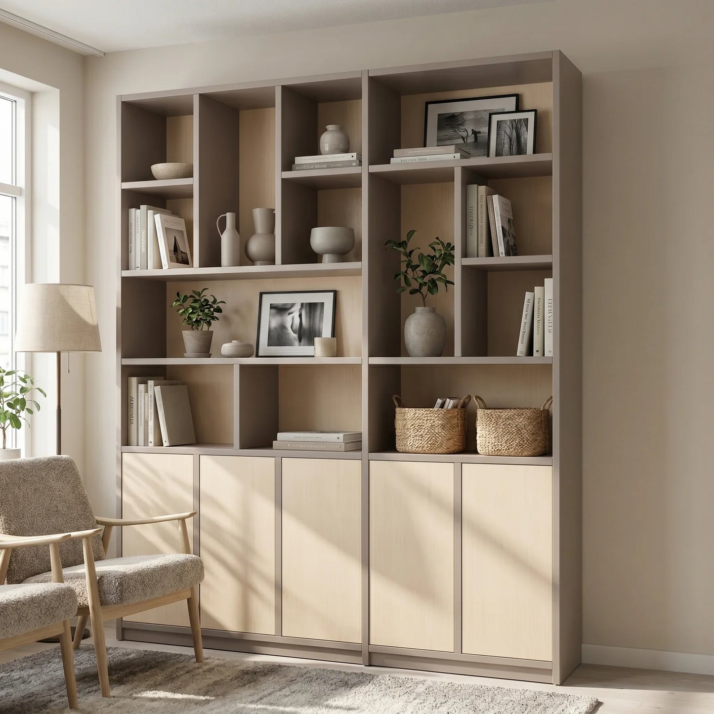 Skandinavischer Lundia Libre Wandschrank in Steingrau und Klar lackiert, sfeerbeeld vooraanzicht