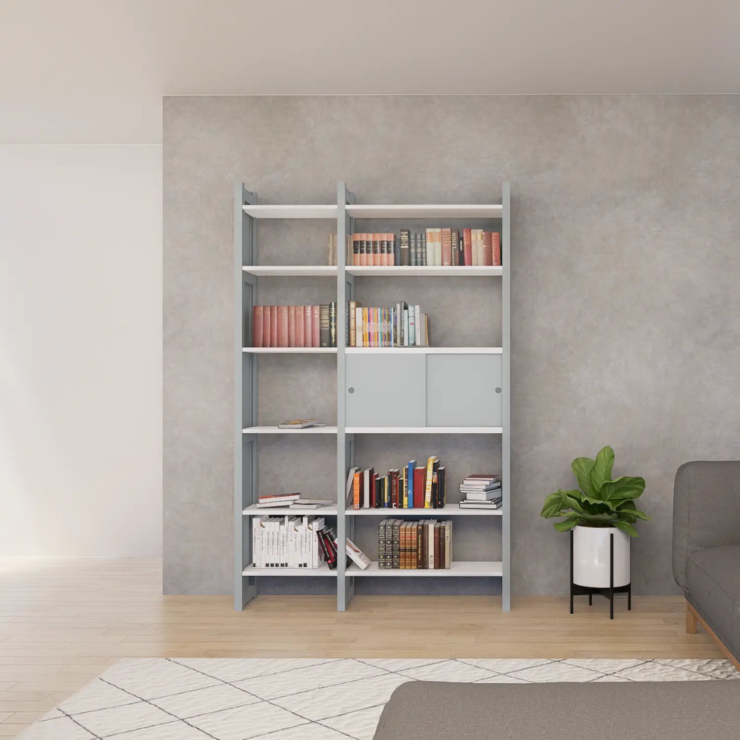 Boekenkast met schuifdeurtjes | Lundia Original | Nevelgrijs & wit hout