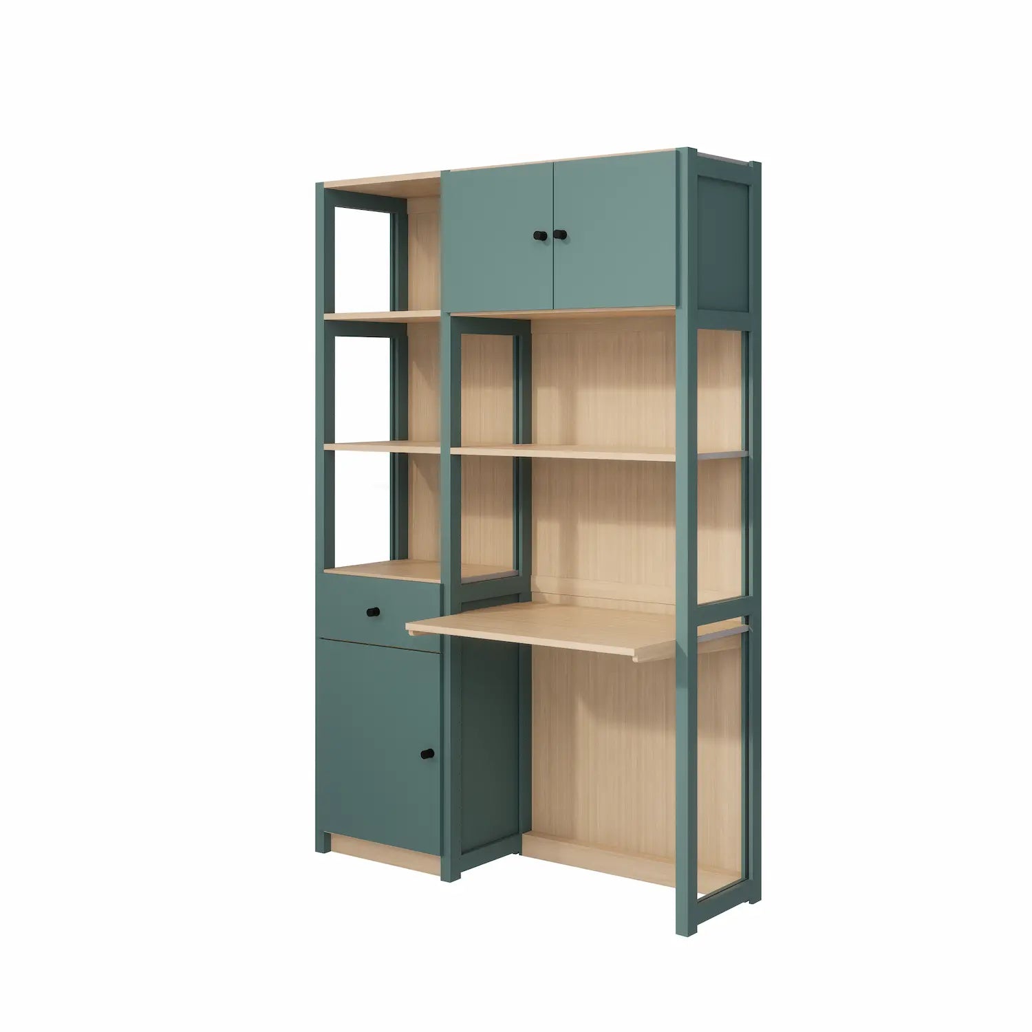 Büroschrank mit Schubladen und Türen | Lundia Original | Tannengrün & farblos lackiertes Holz