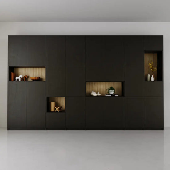 Grote wandkast met deuren en open vakken | Lundia Original | Zwart & blank gelakt hout