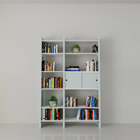 Boekenkast met schuifdeurtjes | Lundia Original | Nevelgrijs & wit hout