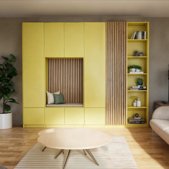 Wandkast met zithoek en lattenwanden | Lundia Original maatwerk | Mustard green hout