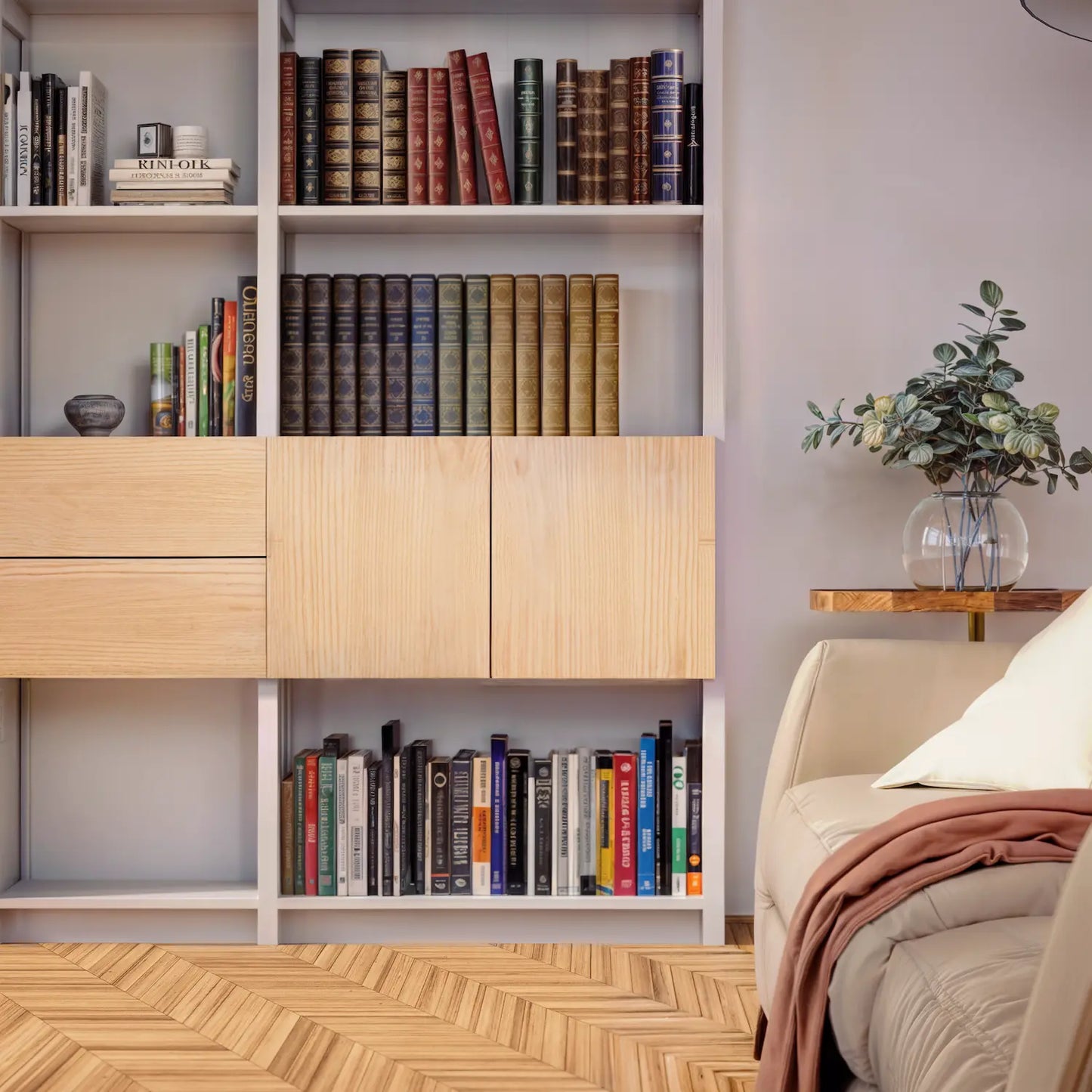 Boekenwandkast met deuren en laden | Lundia Original | Nevelgrijs, wit, blank gelakt hout