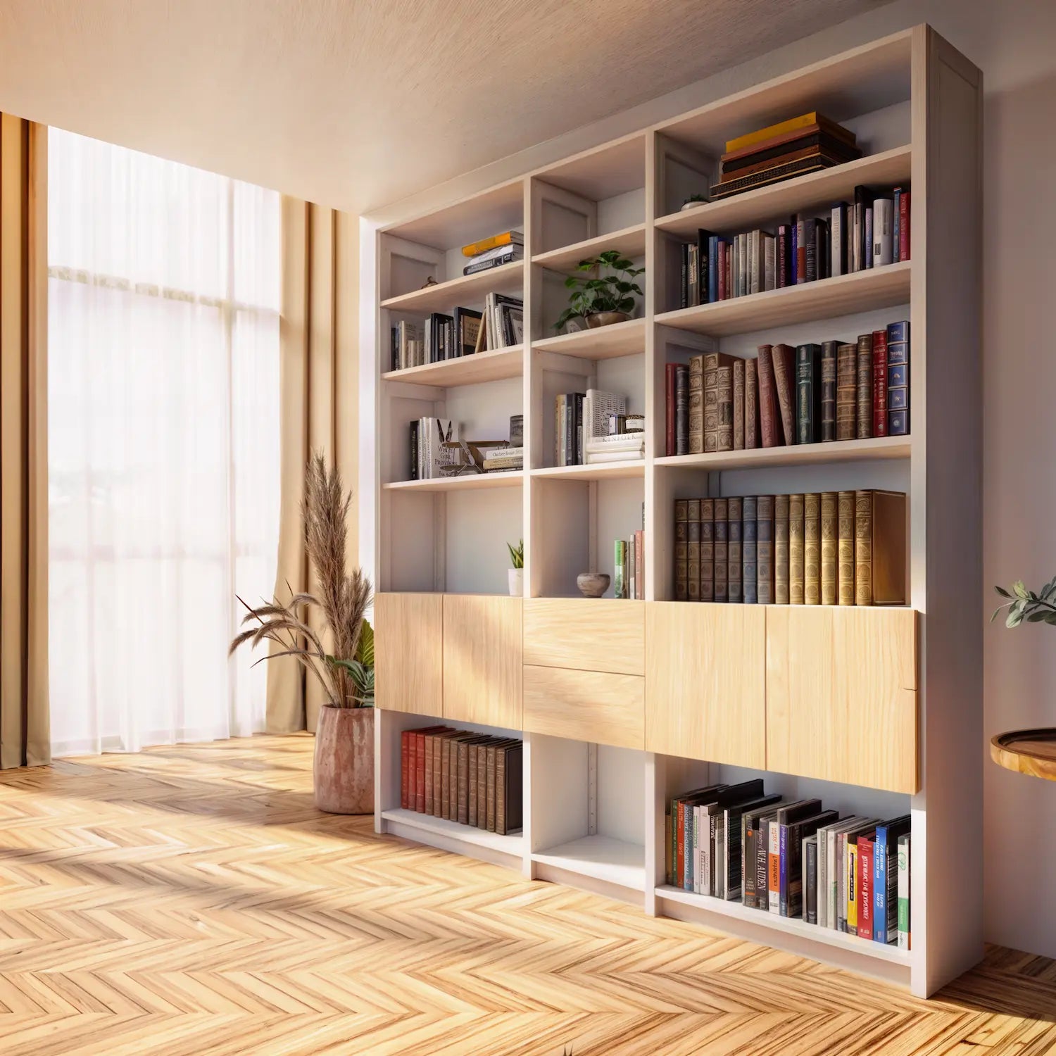 Boekenwandkast met deuren en laden | Lundia Original | Nevelgrijs, wit, blank gelakt hout