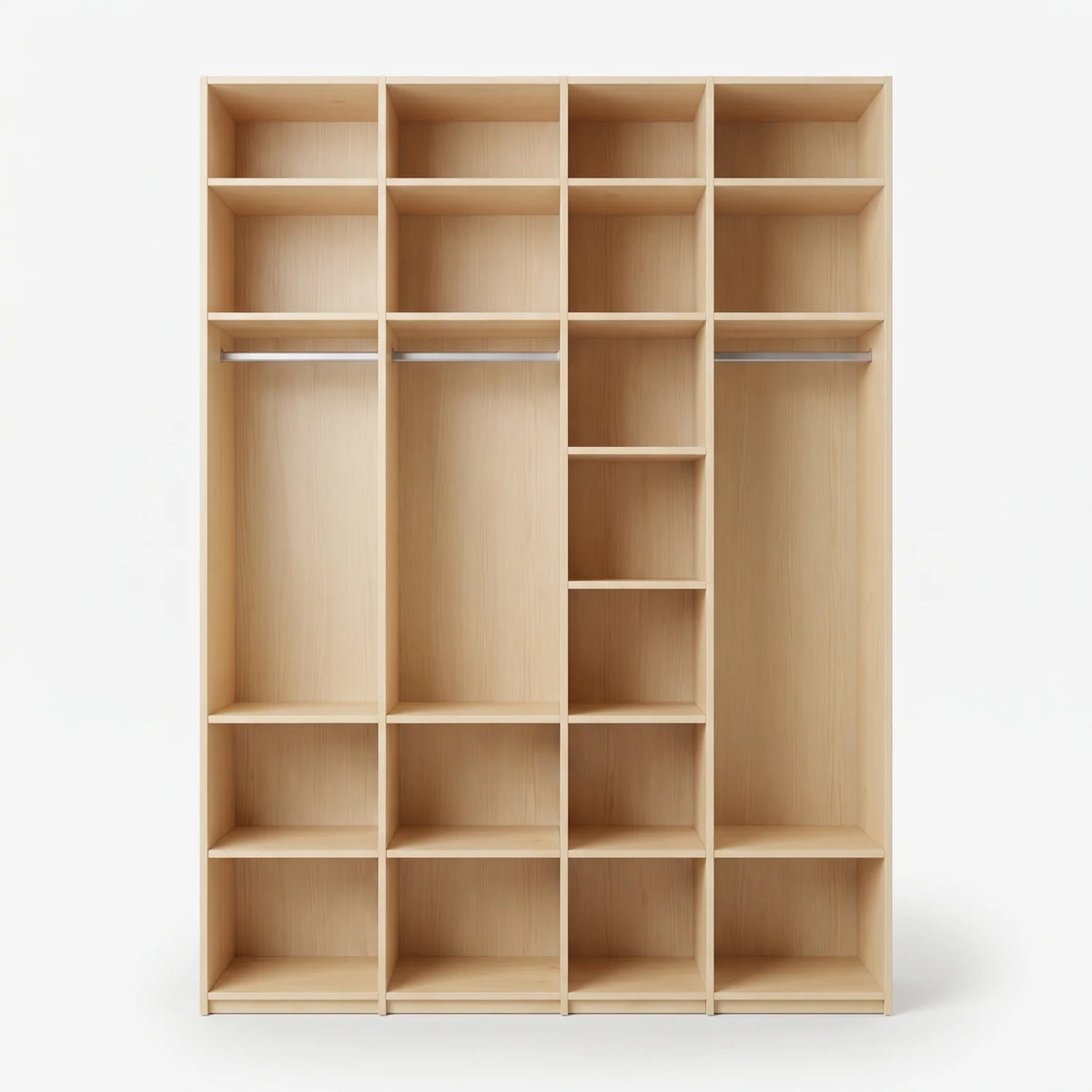 Grote houten 4-deurs kledingkast van Arven, vooraanzicht open
