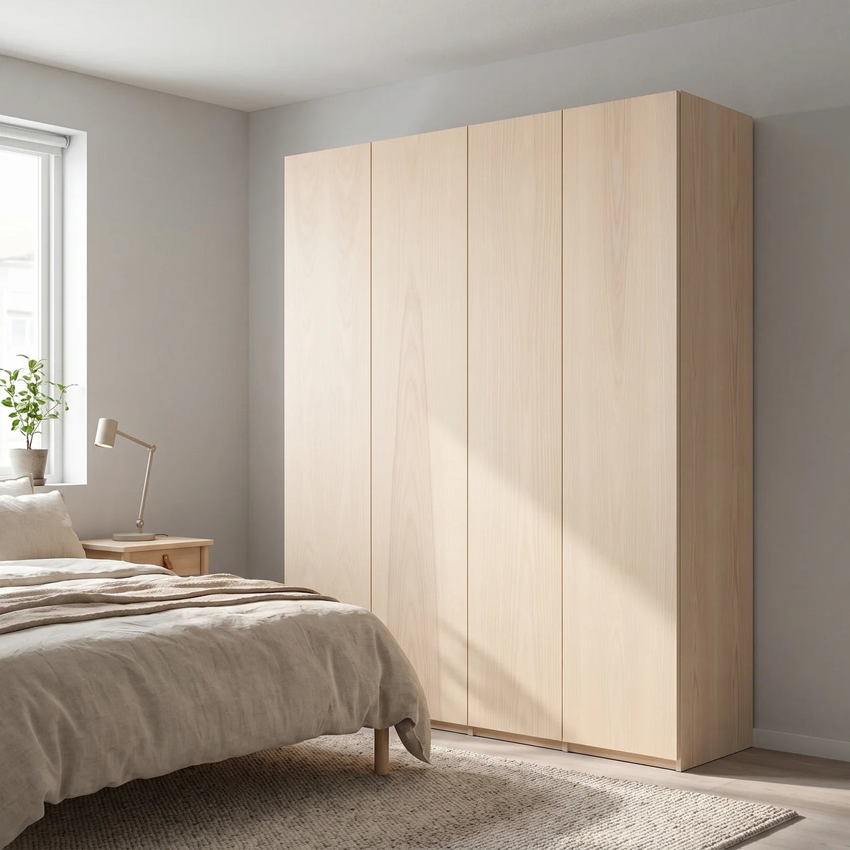 Houten 4-deurs kledingkast van Arven in een slaapkamer