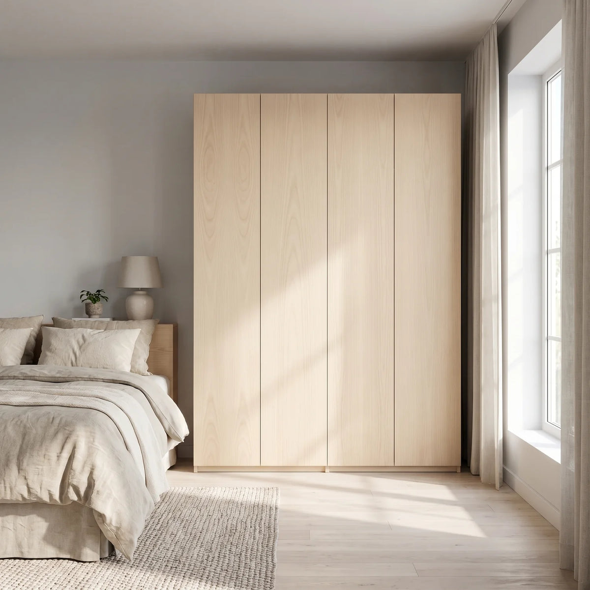 Houten 4-deurs kledingkast van Arven in een slaapkamer