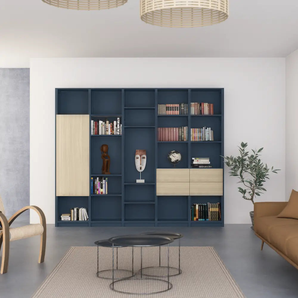 Boeken wandkast met deuren en laden | Lundia Original | Haagsblauw & blank gelakt hout