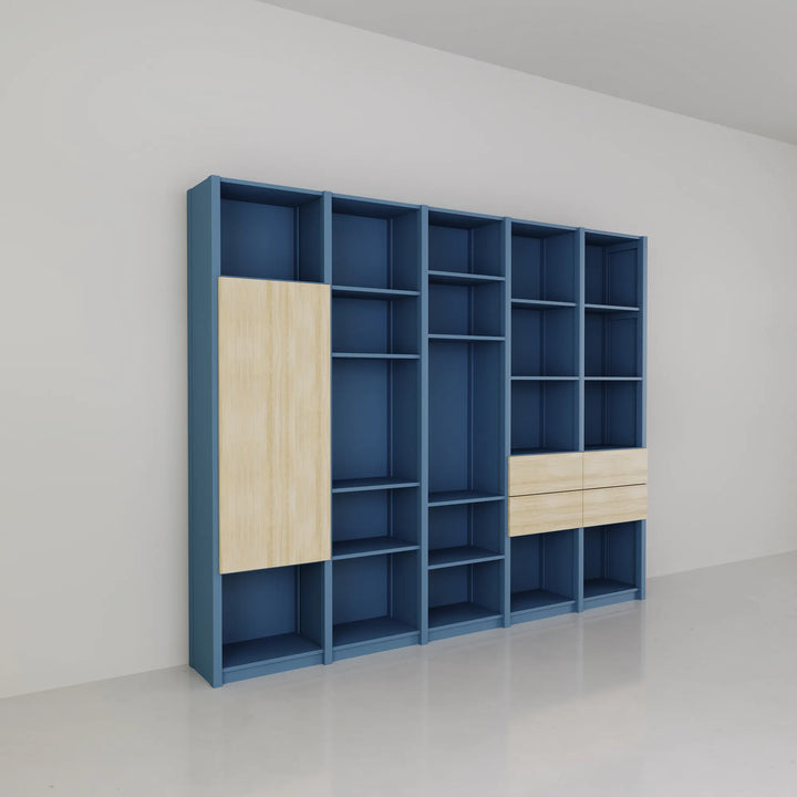 Boeken wandkast met deuren en laden | Lundia Original | Haagsblauw & blank gelakt hout