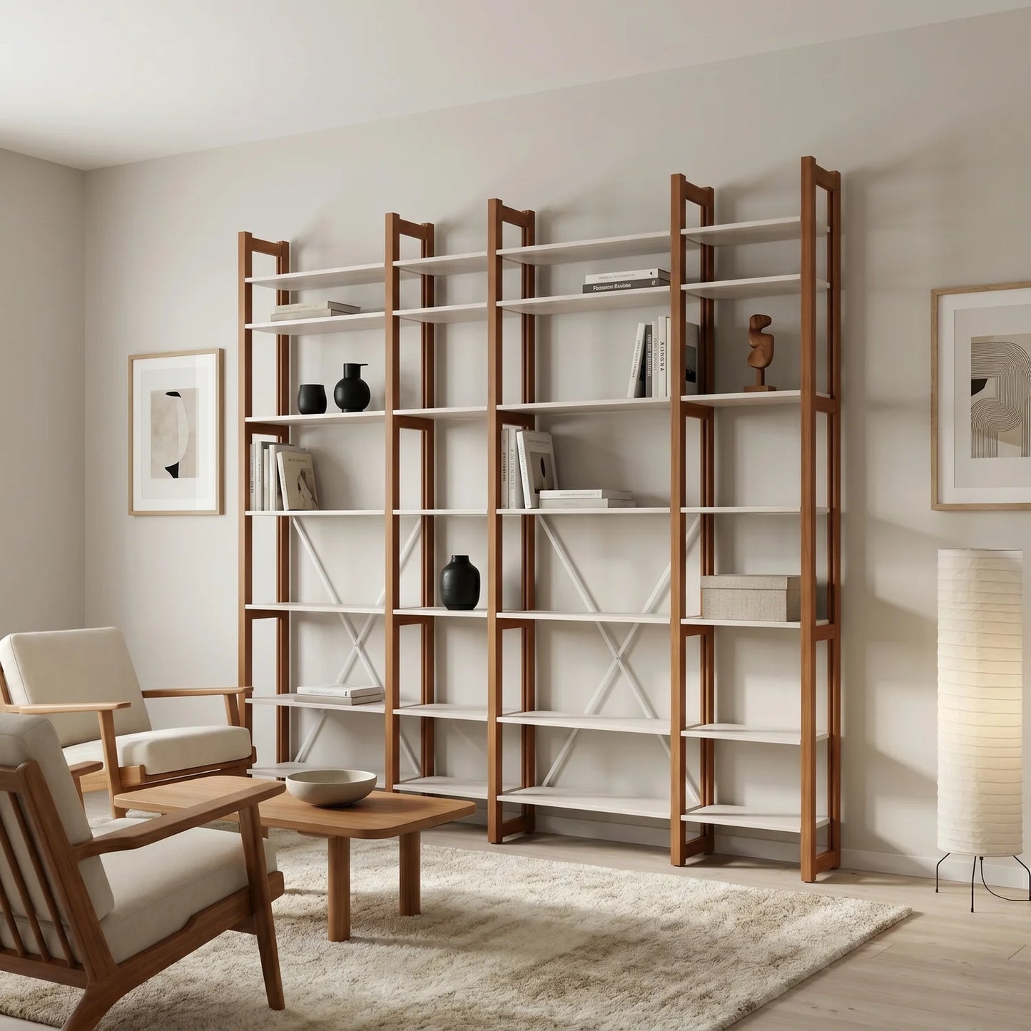 Moderne houten boekenkast | Lundia Original | Arrosto & Wit hout, sfeerbeeld perspectief