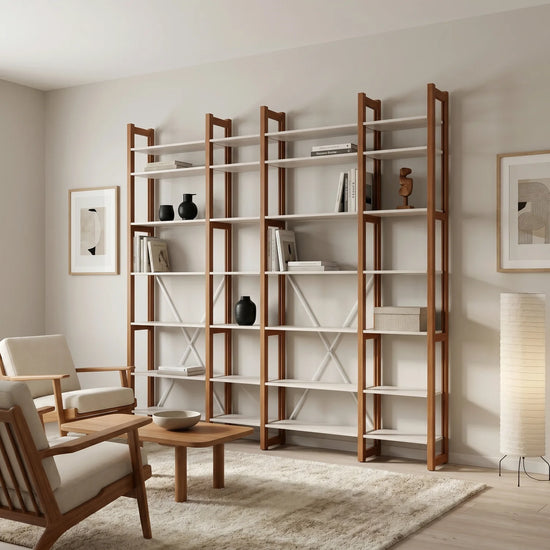 Moderne houten boekenkast | Lundia Original | Arrosto & Wit hout, sfeerbeeld perspectief