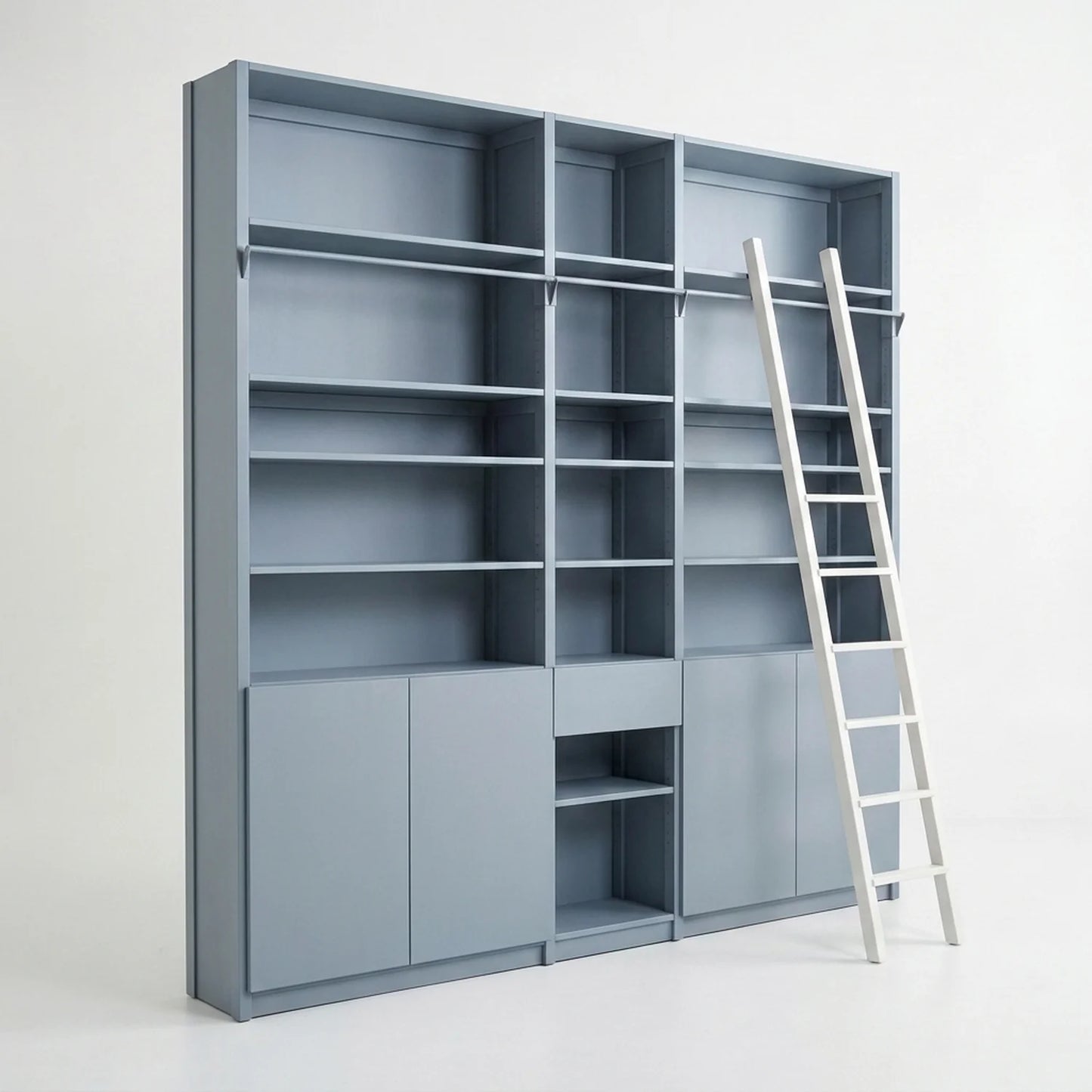 Bücherregal mit Treppe, Türen & Schubladen | Lundia Original | Betongrau Holz, perspectief