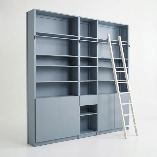 Bücherregal mit Treppe, Türen & Schubladen | Lundia Original | Betongrau Holz, perspectief