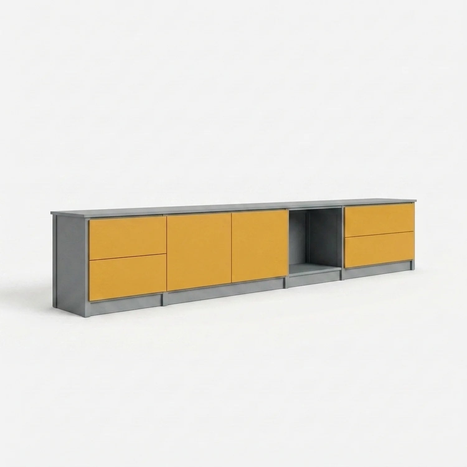 TV-Schrank mit Schubladen und Türen | Lundia Original | Betongraues & safranfarbenes Holz, perspectief