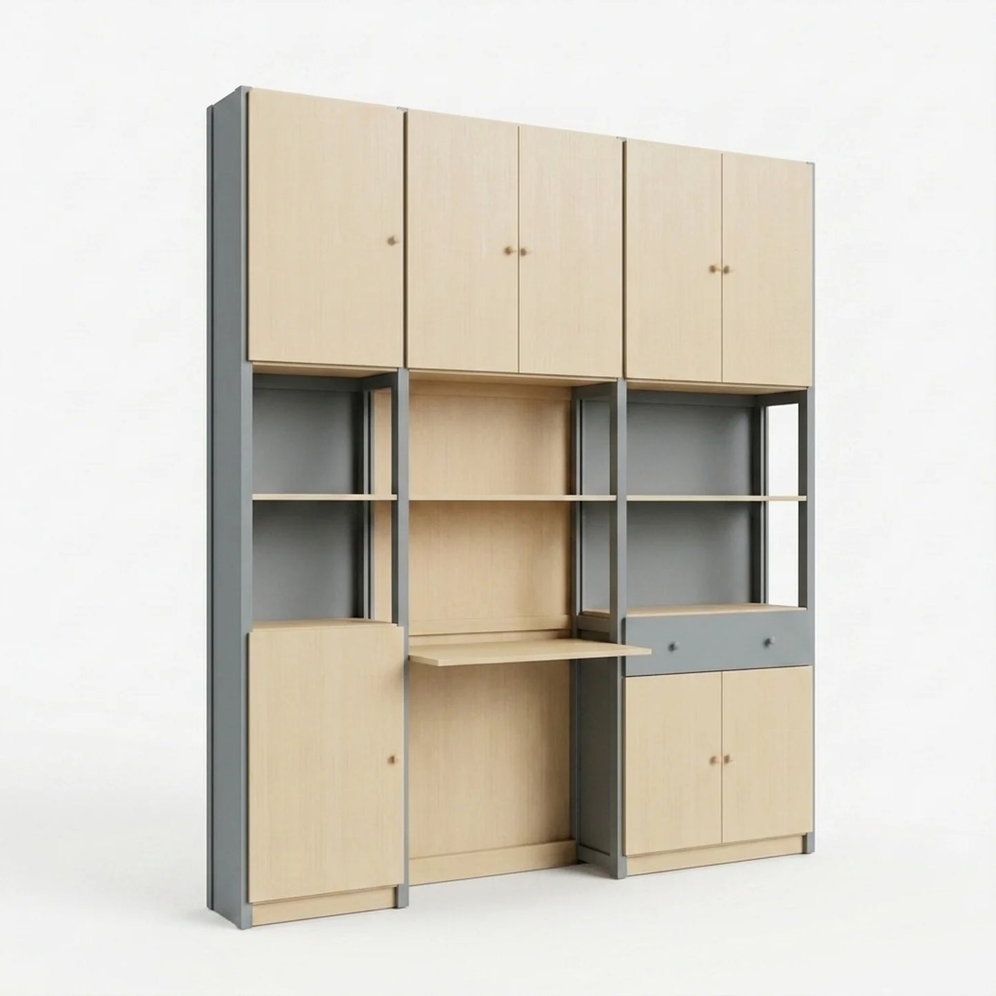Großer kompletter Büroschrank | Lundia Original | Betongrau & Klar lackiertes Holz, perspectief