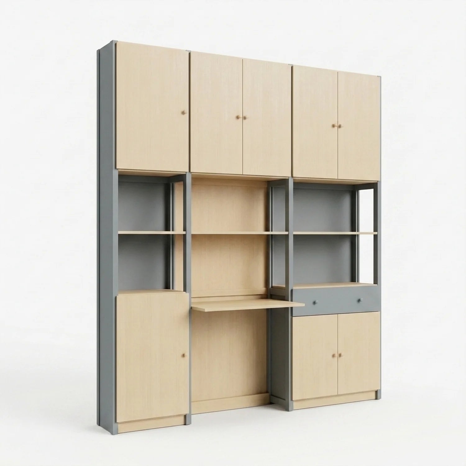 Großer kompletter Büroschrank | Lundia Original | Betongrau & Klar lackiertes Holz, perspectief