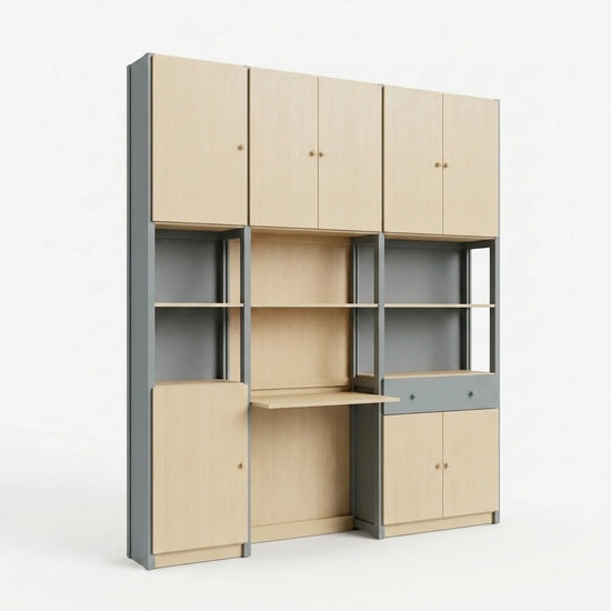 Großer kompletter Büroschrank | Lundia Original | Betongrau & Klar lackiertes Holz, perspectief