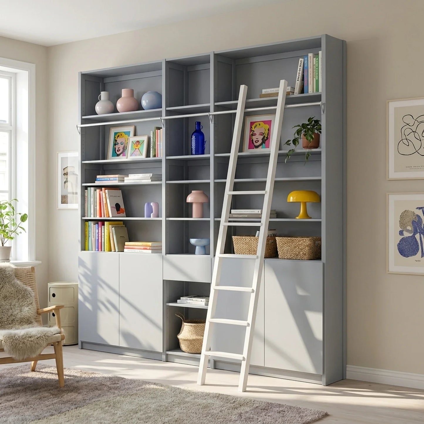 Bücherregal mit Treppe, Türen & Schubladen | Lundia Original | Betongrau Holz, sfeerbeeld perspectief