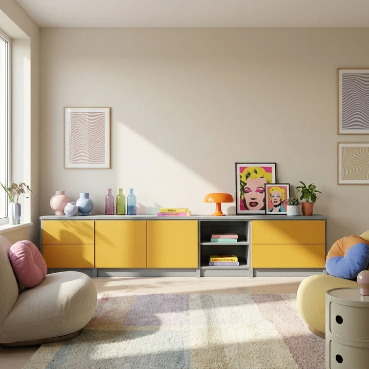 TV-Schrank mit Schubladen und Türen | Lundia Original | Betongraues & safranfarbenes Holz, sfeerbeeld perspectief