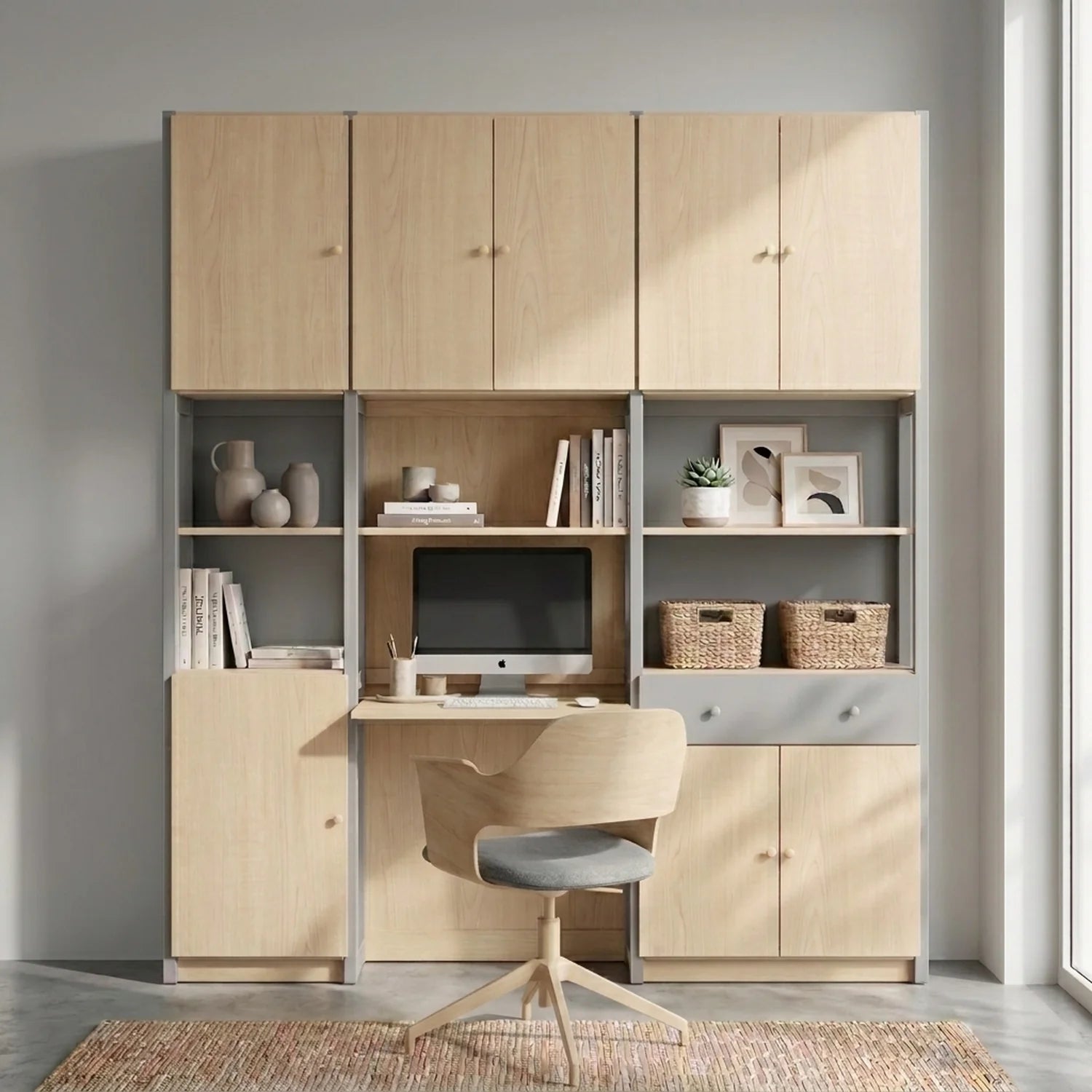 Großer kompletter Büroschrank | Lundia Original | Betongrau & Klar lackiertes Holz, sfeerbeeld perspectief