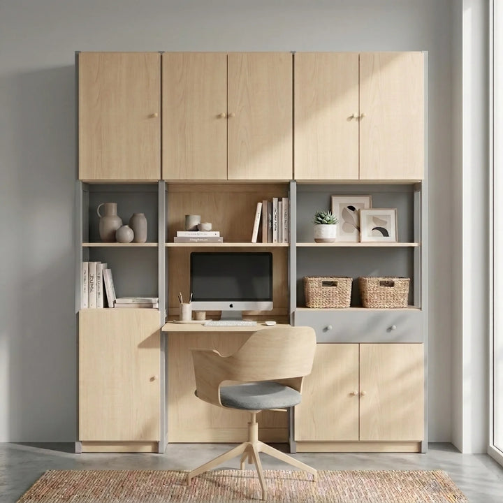 Großer kompletter Büroschrank | Lundia Original | Betongrau & Klar lackiertes Holz, sfeerbeeld perspectief