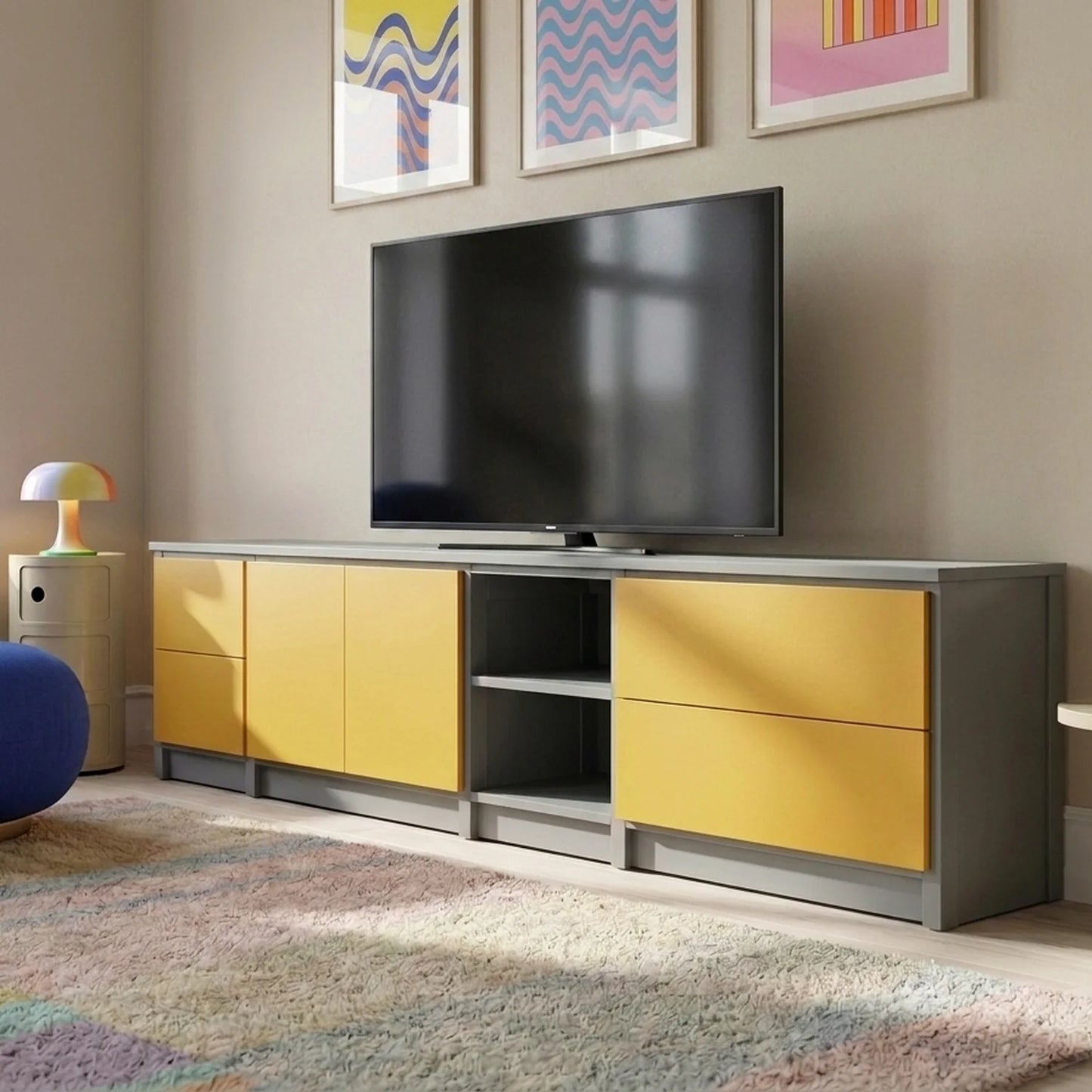 TV-Schrank mit Schubladen und Türen | Lundia Original | Betongraues & safranfarbenes Holz, sfeerbeeld vooraanzicht