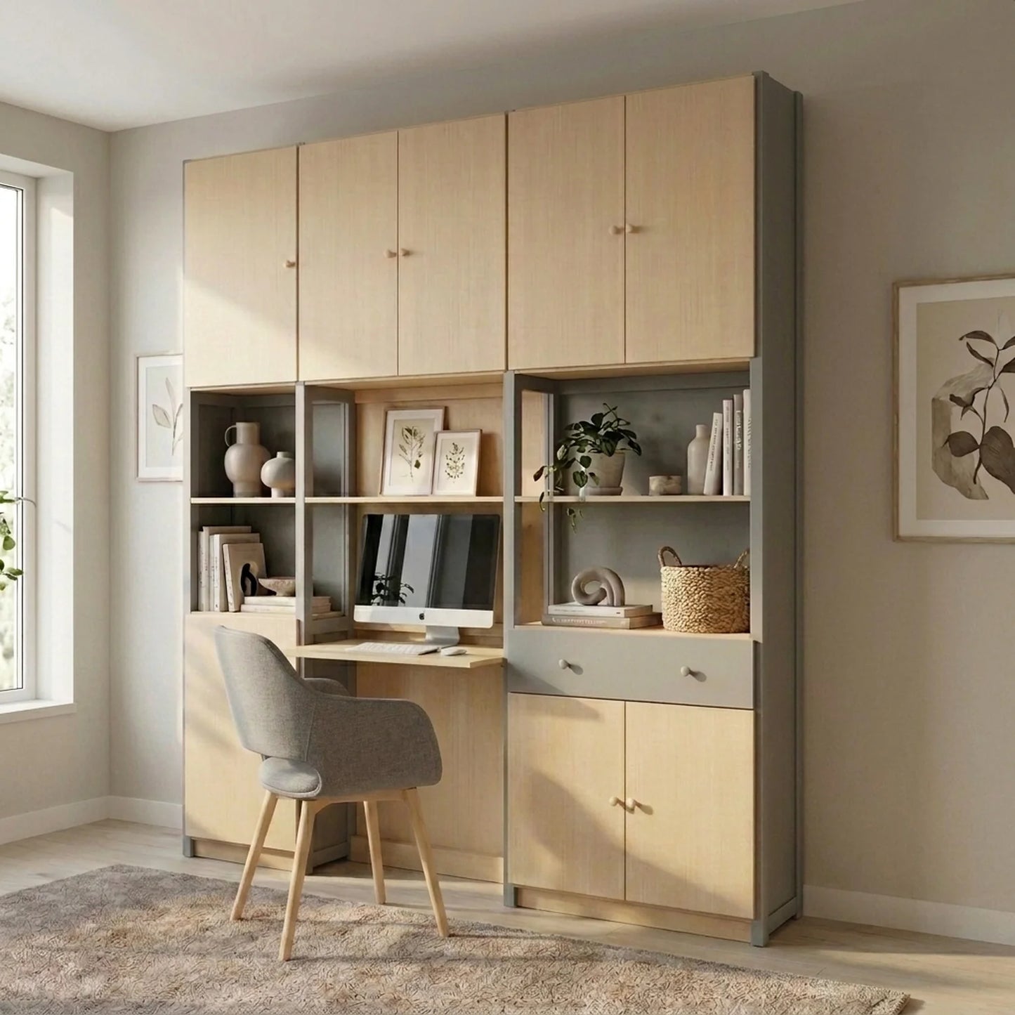 Großer kompletter Büroschrank | Lundia Original | Betongrau & Klar lackiertes Holz, sfeerbeeld vooraanzicht