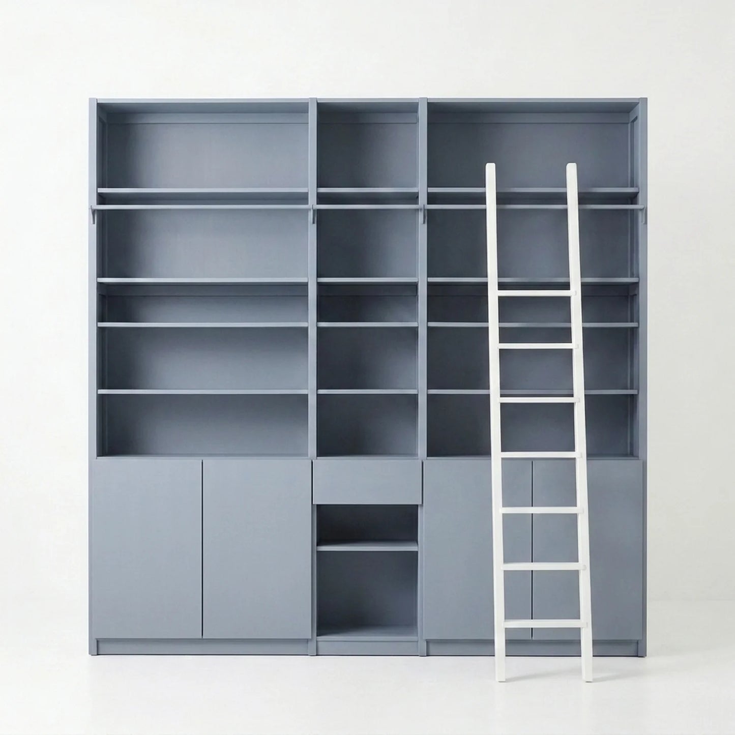 Bücherregal mit Treppe, Türen & Schubladen | Lundia Original | Betongrau Holz, vooraanzicht