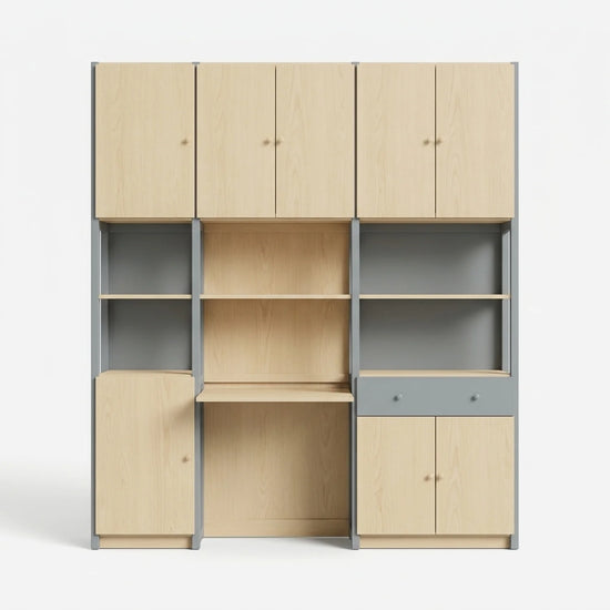 Großer kompletter Büroschrank | Lundia Original | Betongrau & Klar lackiertes Holz, vooraanzicht