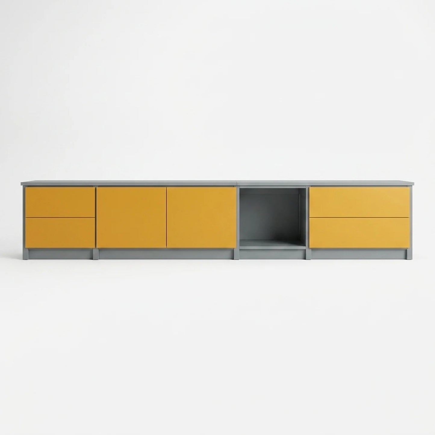 TV-Schrank mit Schubladen und Türen | Lundia Original | Betongraues & safranfarbenes Holz, vooraanzicht