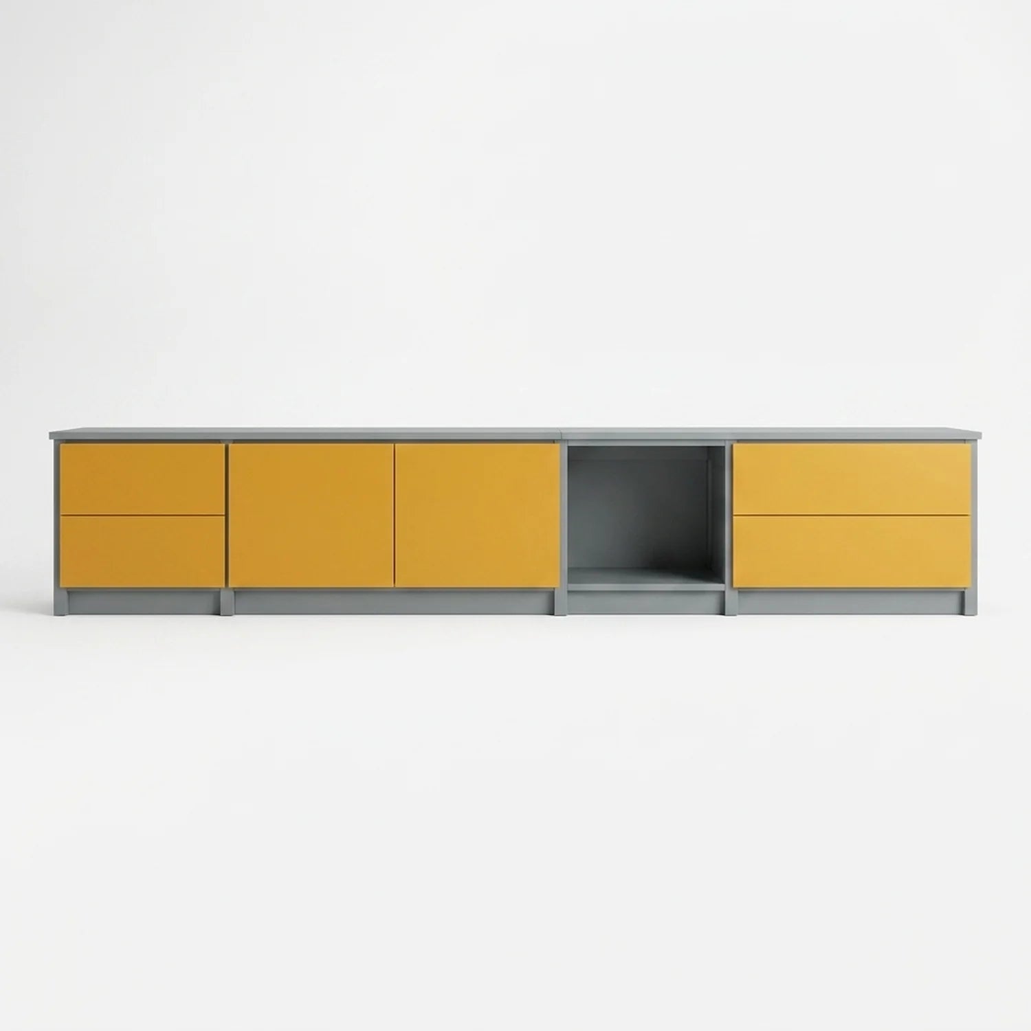 TV-Schrank mit Schubladen und Türen | Lundia Original | Betongraues & safranfarbenes Holz, vooraanzicht